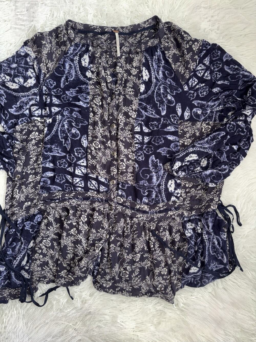 Free People M Blue Multi Design Flowy Button Front Drop Waist Blouse. Beautiful